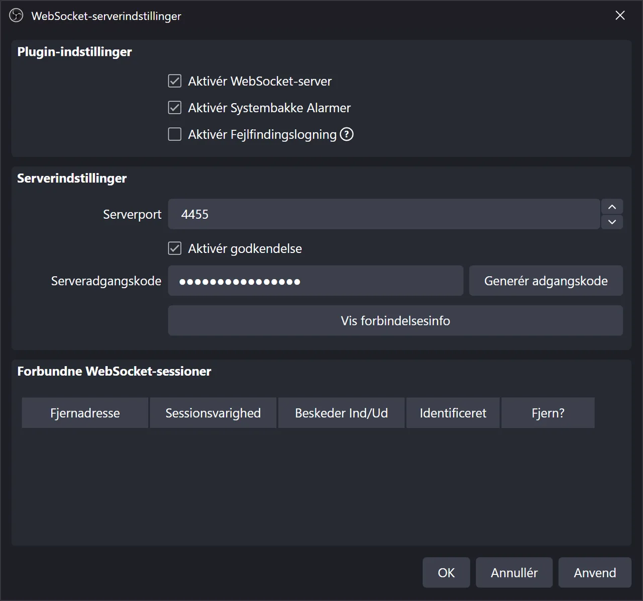OBS' WebSocket-serverindstillinger med Aktivér WebSocket-server afkrydset og godkendelse slået til