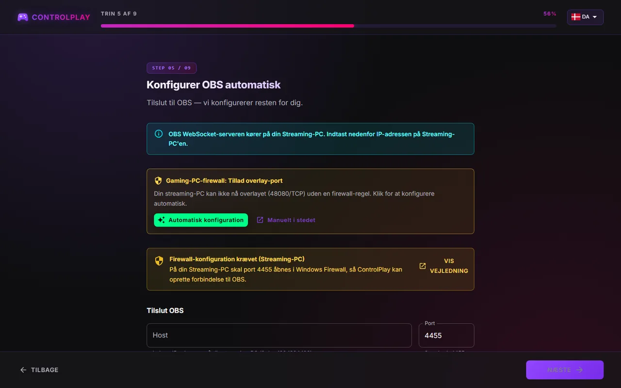 Konfigurer OBS automatisk til to PC'er med kortet Gaming-PC-firewall: Tillad overlay-port og beskeden Firewall-konfiguration krævet (Streaming-PC)