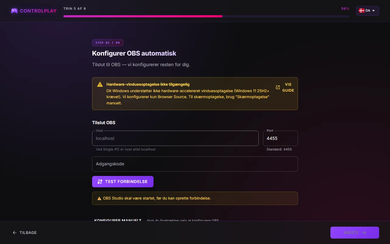 Opsætningsguidens banner Hardware-vinduesoptagelse ikke tilgængelig med knappen Vis guide