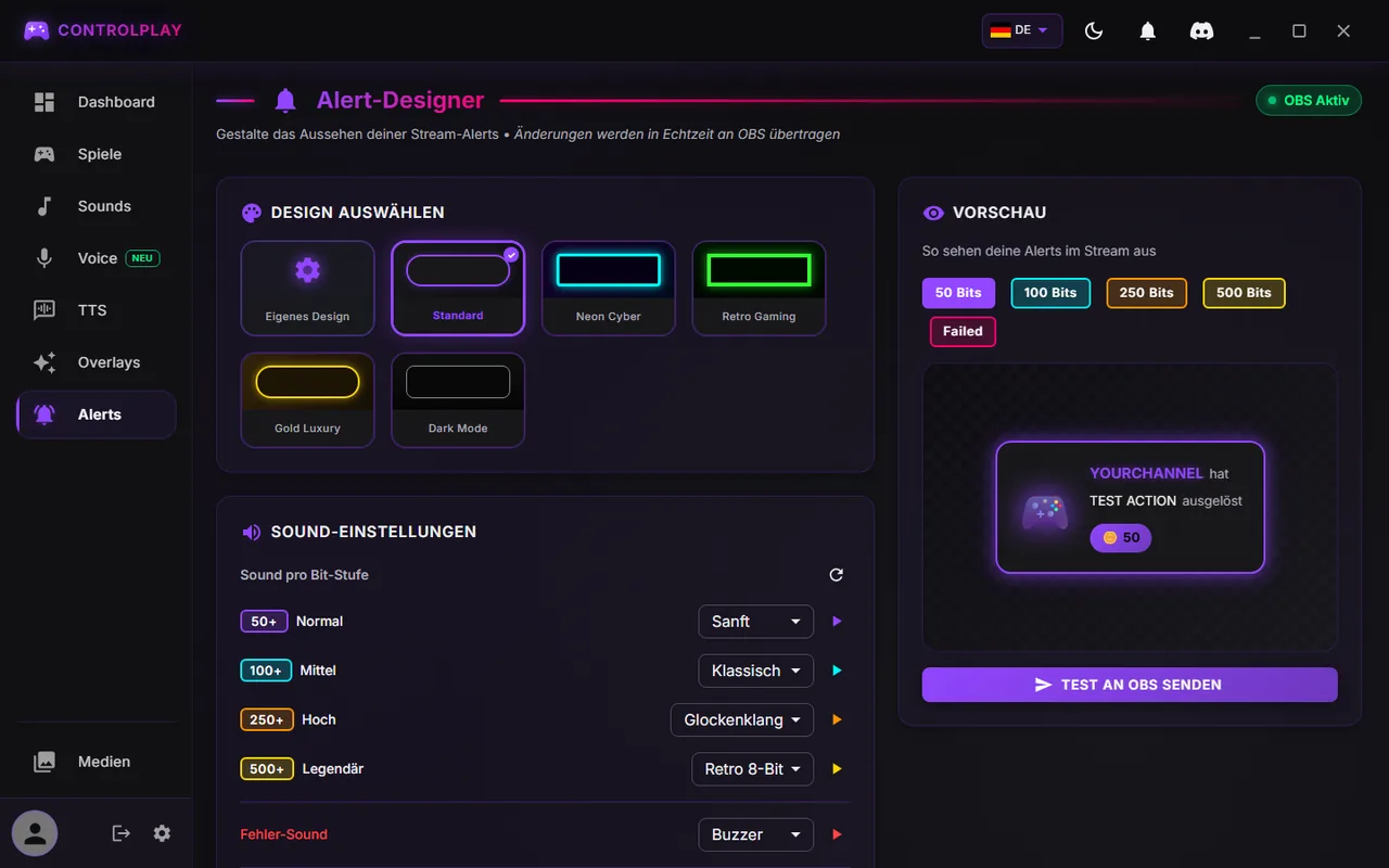 Seite Alerts in ControlPlay mit „OBS Aktiv“ oben rechts und dem Button „Test an OBS senden“ unter „Vorschau“