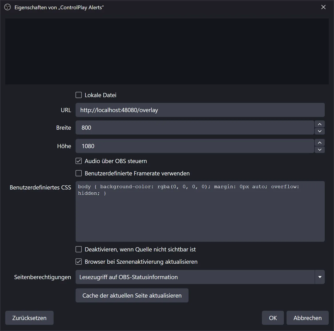 Eigenschaften der Browserquelle in OBS mit der URL von ControlPlay, Breite 800, Höhe 1080 und beiden Optionen angehakt