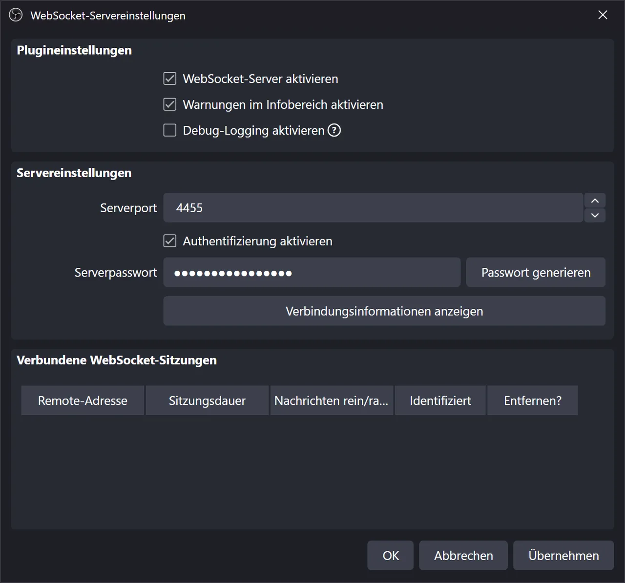 WebSocket-Servereinstellungen in OBS mit aktiviertem WebSocket-Server und eingeschalteter Authentifizierung