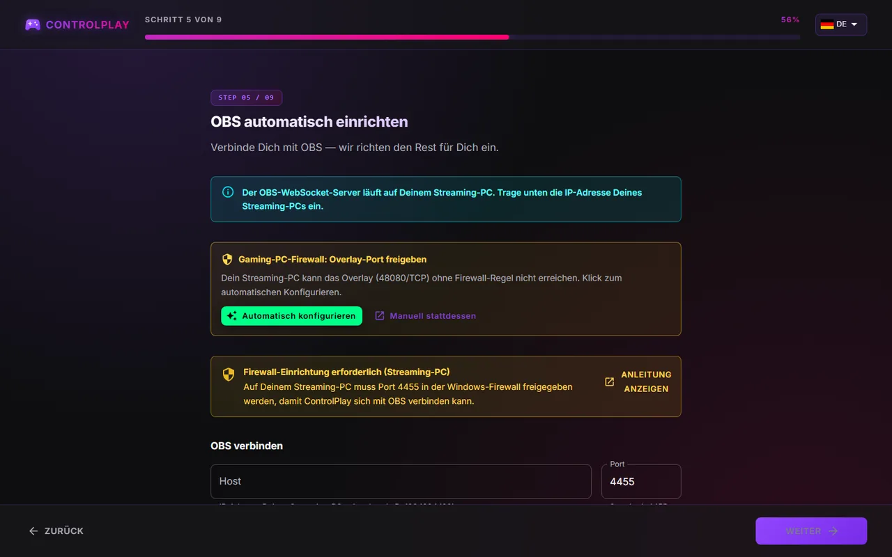 Seite „OBS automatisch einrichten“ für zwei PCs mit der Karte „Gaming-PC-Firewall: Overlay-Port freigeben“ und dem Hinweis „Firewall-Einrichtung erforderlich (Streaming-PC)“