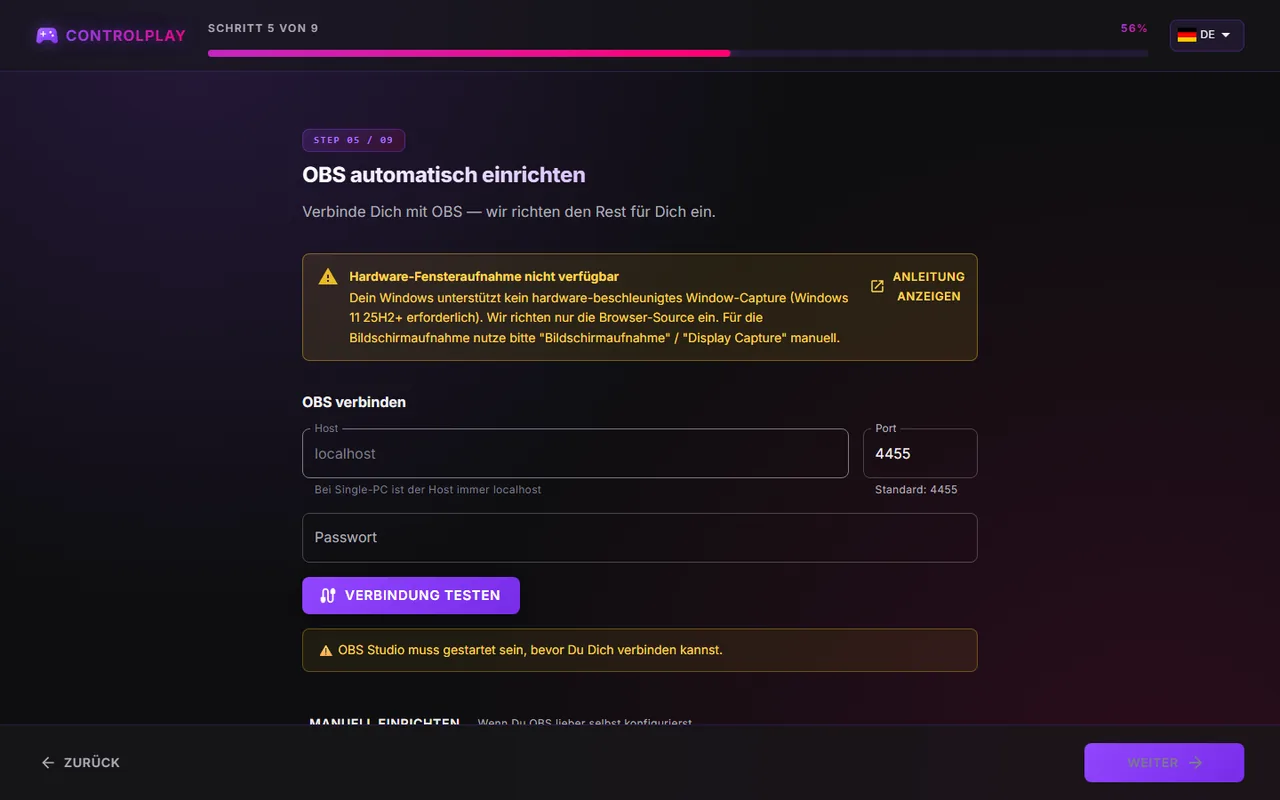 Hinweis „Hardware-Fensteraufnahme nicht verfügbar“ im Setup-Wizard mit dem Button „Anleitung anzeigen“
