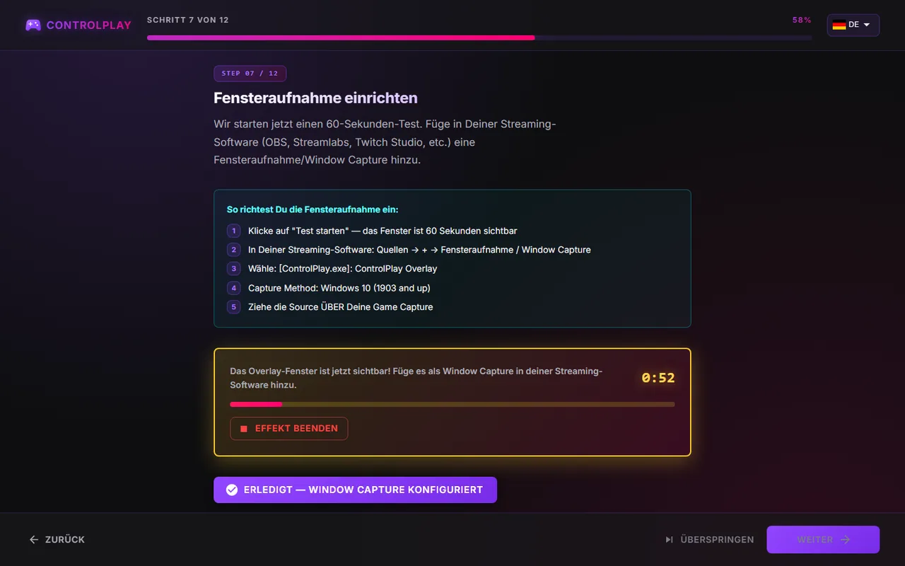 Wizard-Seite „Fensteraufnahme einrichten“ mit laufendem 60-Sekunden-Countdown