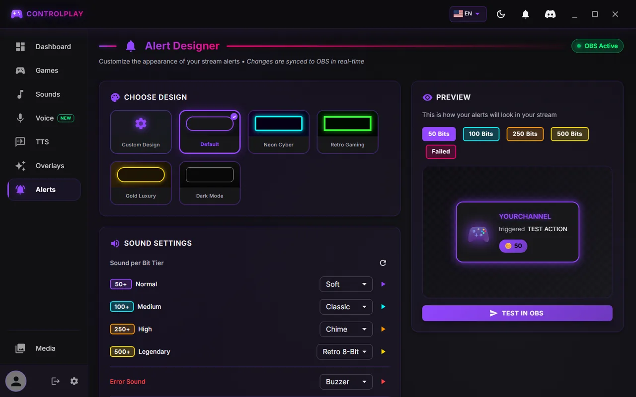 ControlPlay Alerts page with OBS Active at the top right and the Test in OBS button in the Preview panel