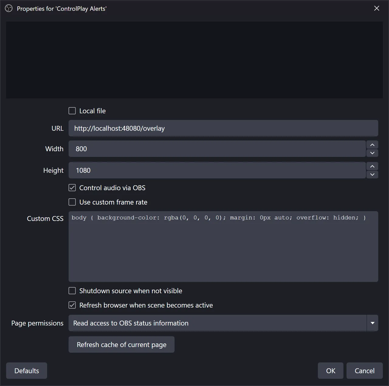 OBS Browser Source properties with the ControlPlay URL, width 800, height 1080 and both options ticked