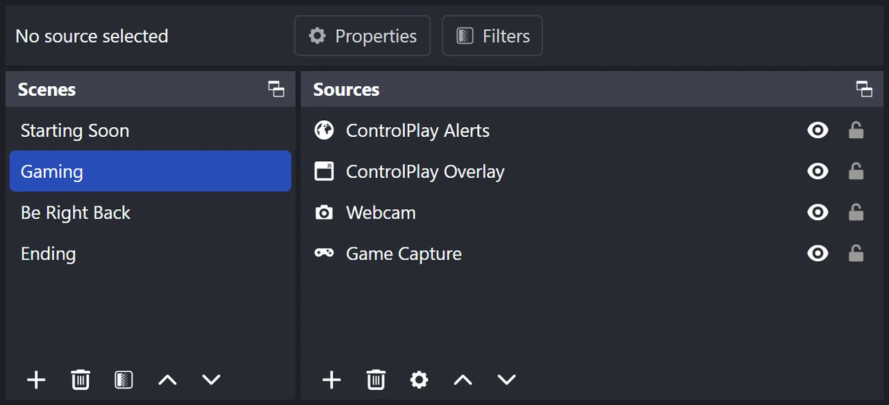 OBS Scenes and Sources: in the Gaming scene, ControlPlay Alerts is at the top, followed by ControlPlay Overlay, a webcam and Game Capture