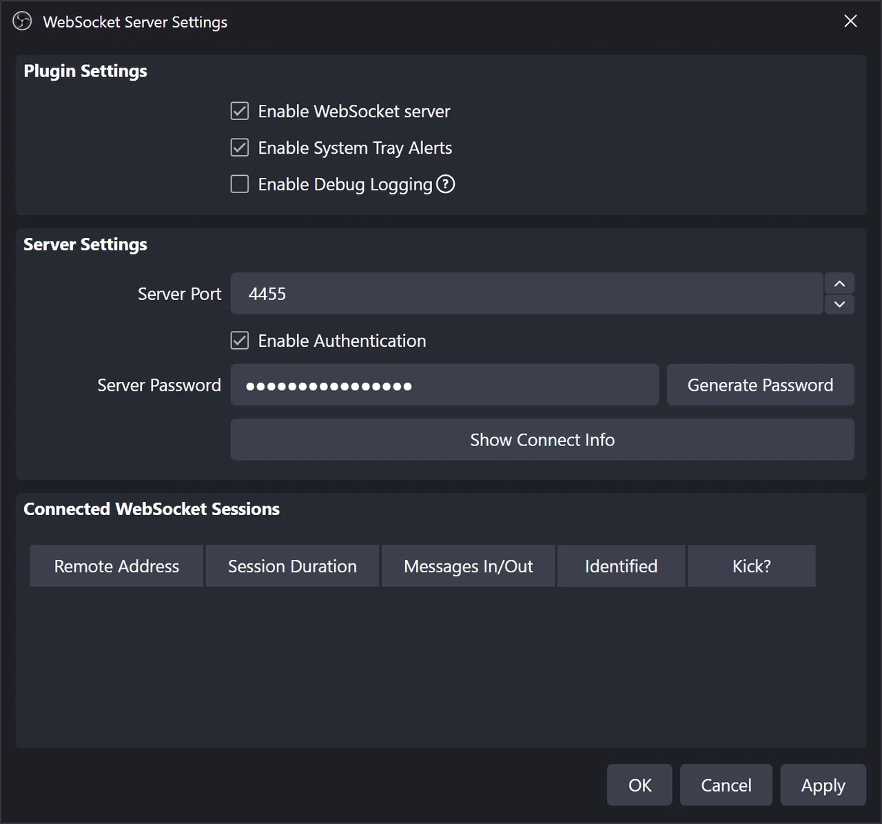 OBS WebSocket Server Settings with Enable WebSocket server ticked and authentication on