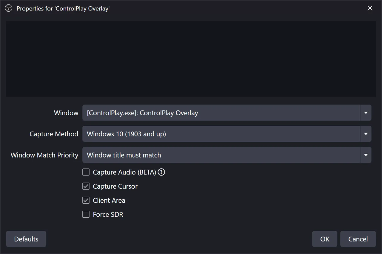 OBS Window Capture properties with the ControlPlay Overlay window, the capture method Windows 10 (1903 and up) and Window title must match