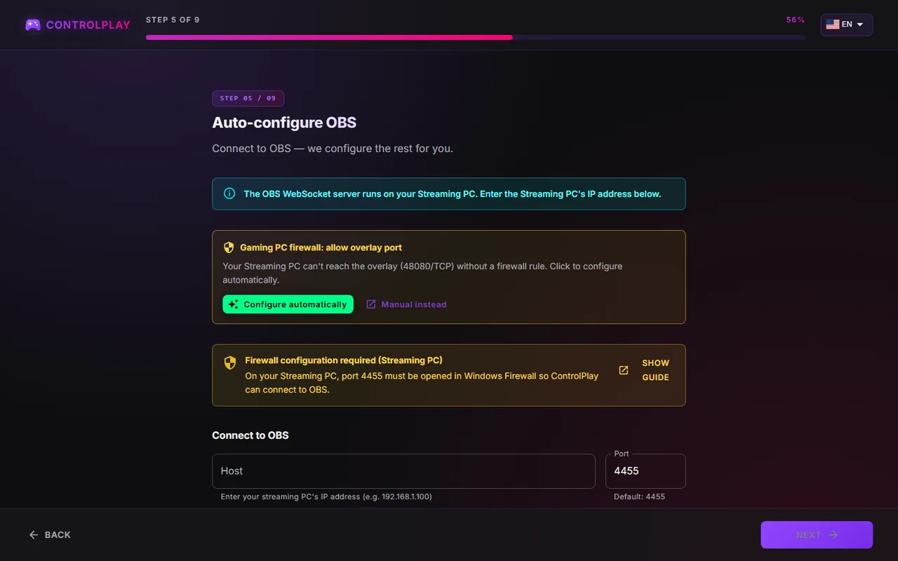 Auto-configure OBS for two PCs with the card Gaming PC firewall: allow overlay port and the notice Firewall configuration required (Streaming PC)