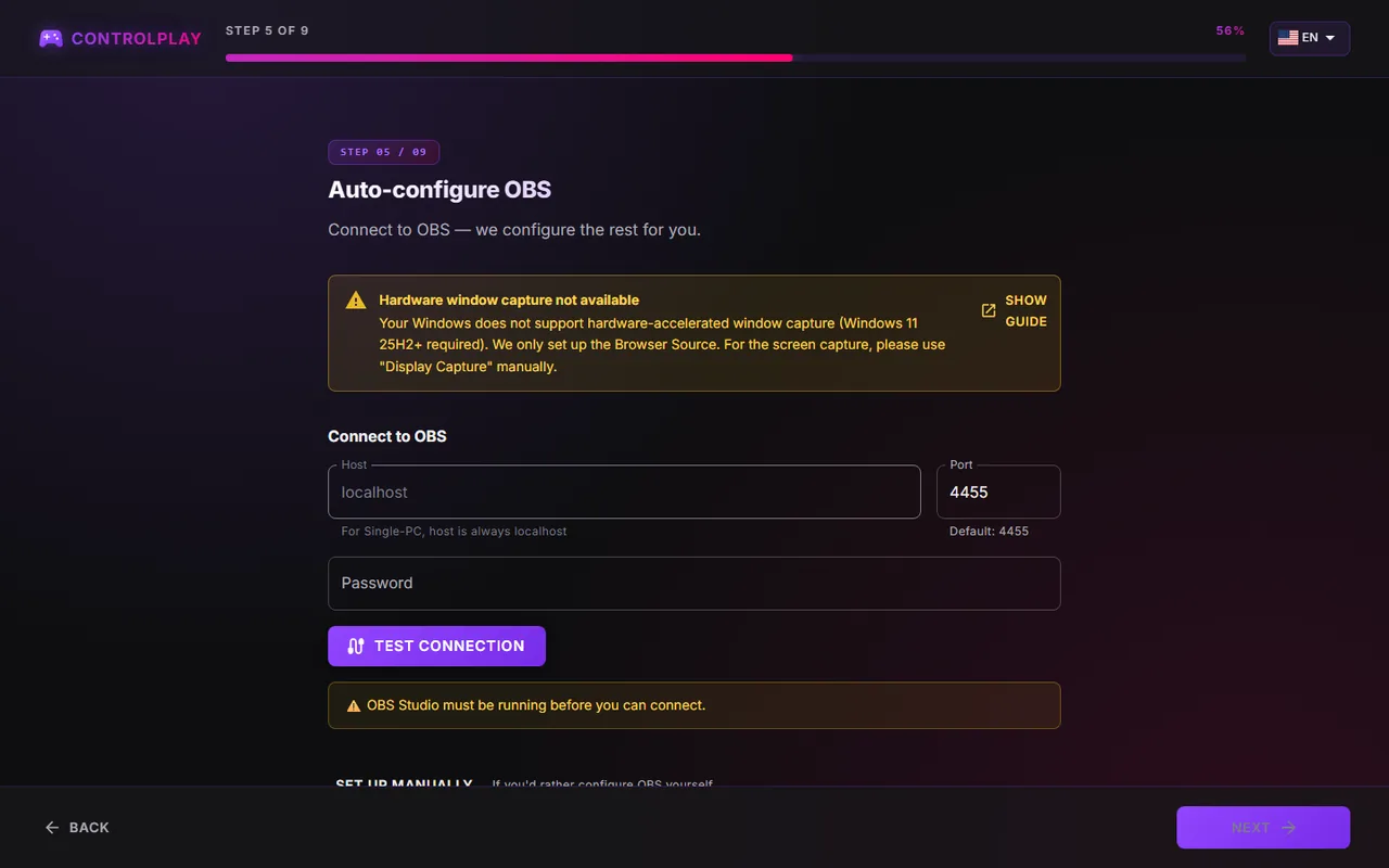 Setup wizard banner Hardware window capture not available with the Show guide button