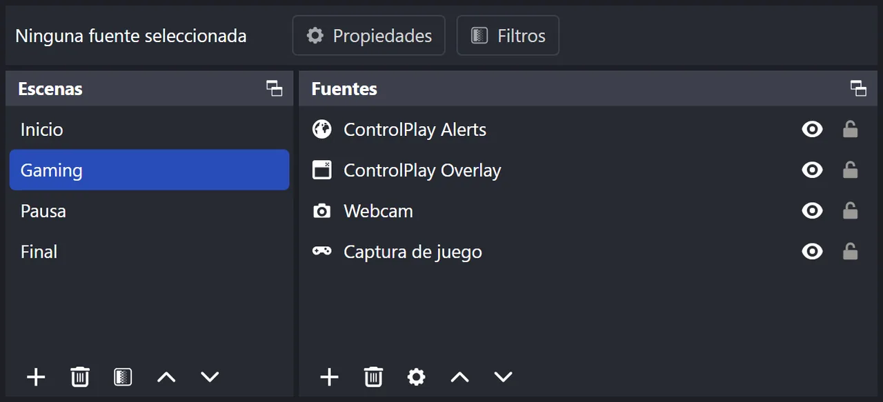 Escenas y Fuentes de OBS: en la escena Gaming, ControlPlay Alerts está arriba del todo, seguida de ControlPlay Overlay, una webcam y Captura de juego