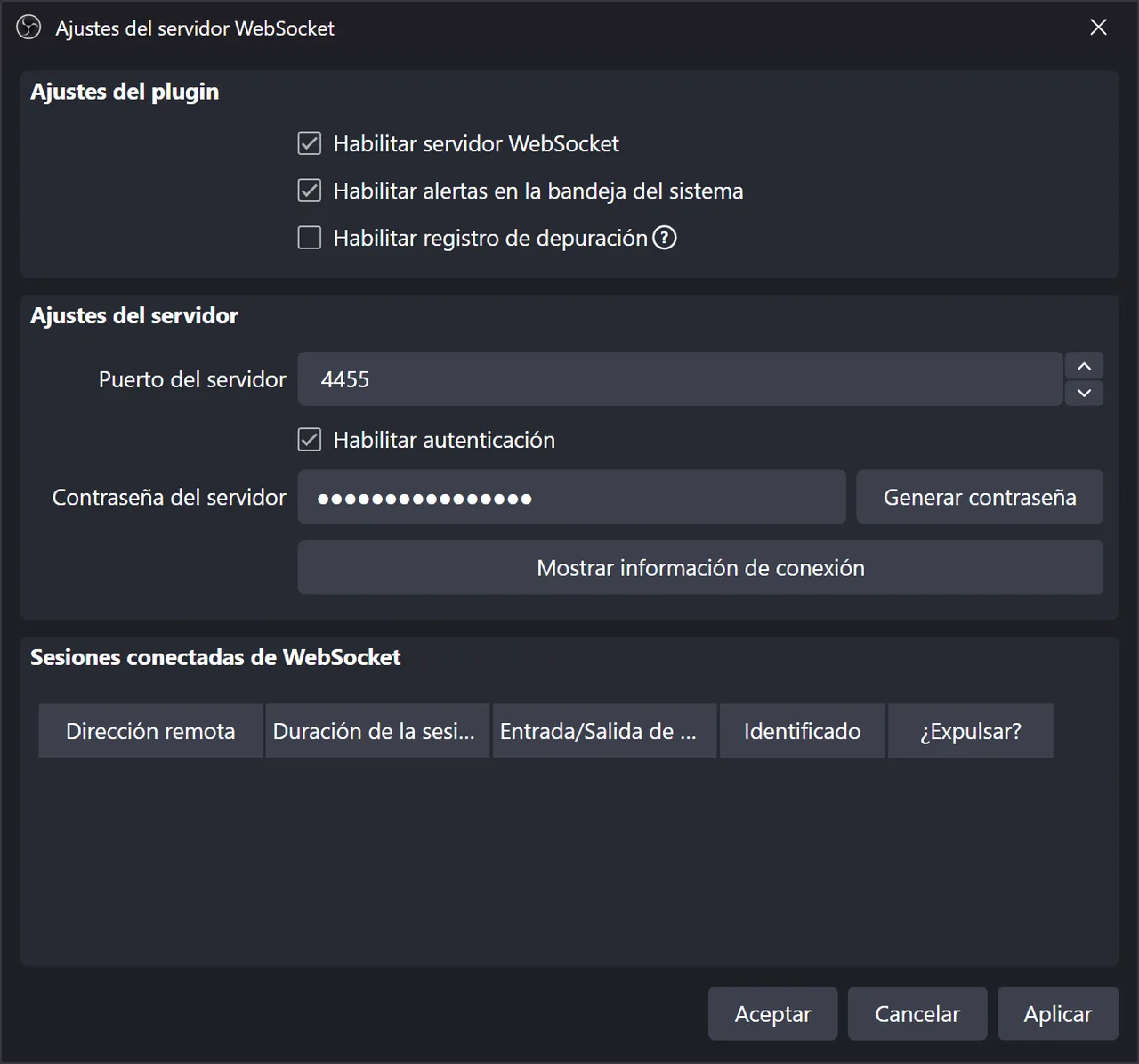 Ajustes del servidor WebSocket de OBS con Habilitar servidor WebSocket marcado y la autenticación activada