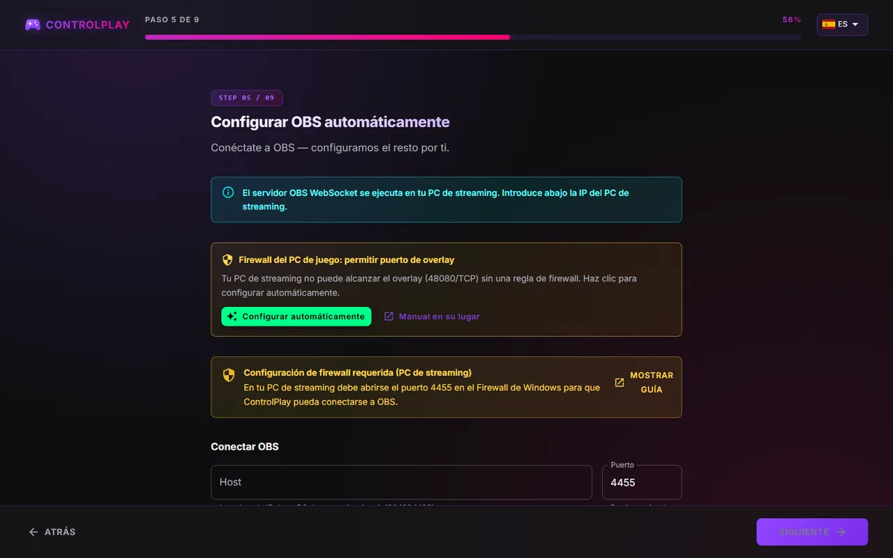 Configurar OBS automáticamente para dos PC con la tarjeta Firewall del PC de juego: permitir puerto de overlay y el aviso Configuración de firewall requerida (PC de streaming)