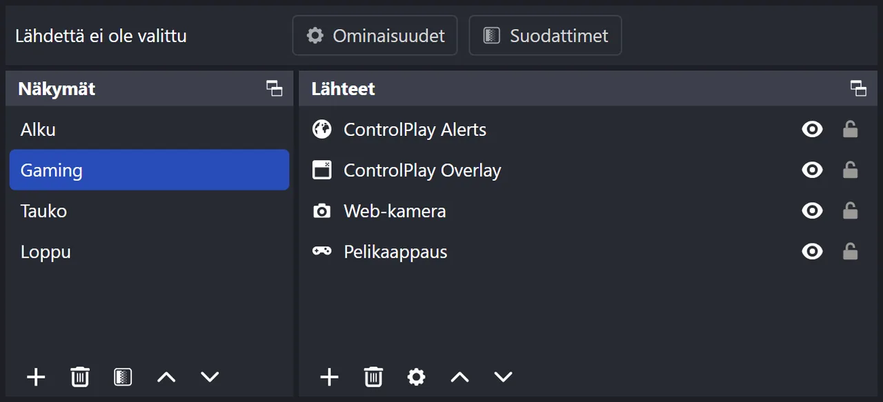 OBS:n Näkymät ja Lähteet: Gaming-kohtauksessa ylimpänä ControlPlay Alerts, sen alla ControlPlay Overlay, verkkokamera ja Pelikaappaus