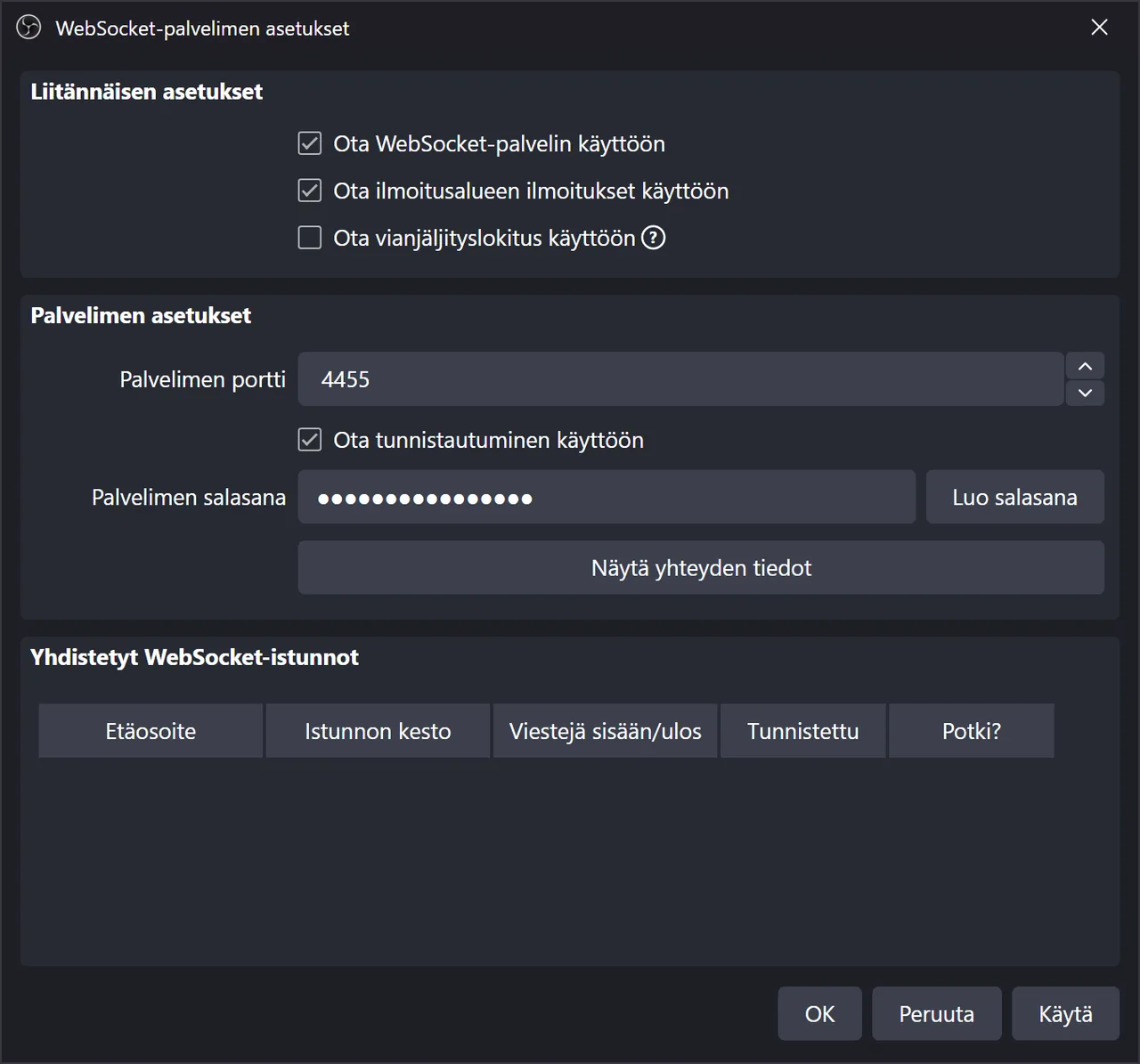 OBS:n WebSocket-palvelimen asetukset, joissa WebSocket-palvelin ja tunnistautuminen on otettu käyttöön