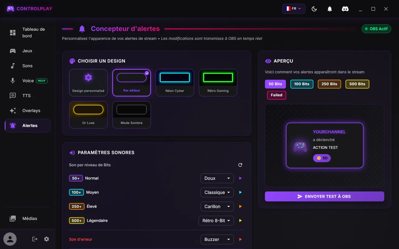 Page Alertes de ControlPlay avec OBS Actif en haut à droite et le bouton Envoyer test à OBS dans le panneau Aperçu