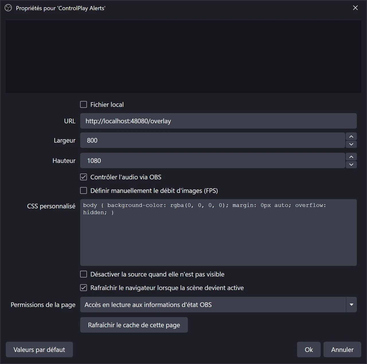Propriétés de la source Navigateur web d'OBS avec l'URL de ControlPlay, largeur 800, hauteur 1080 et les deux options cochées
