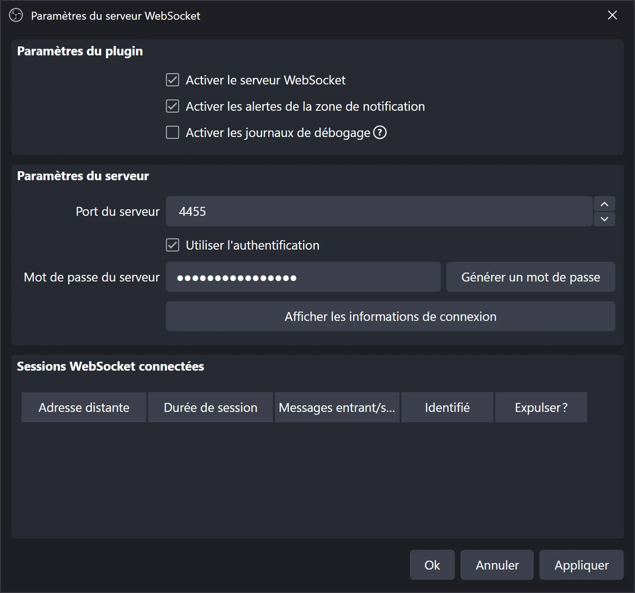 Paramètres du serveur WebSocket d'OBS avec Activer le serveur WebSocket coché et l'authentification activée