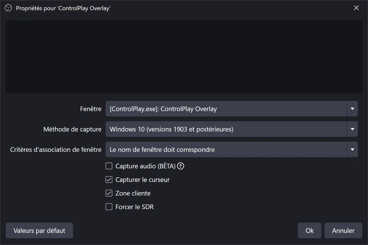 Propriétés de la Capture de fenêtre d'OBS avec la fenêtre ControlPlay Overlay, la méthode Windows 10 (versions 1903 et postérieures) et Le nom de fenêtre doit correspondre