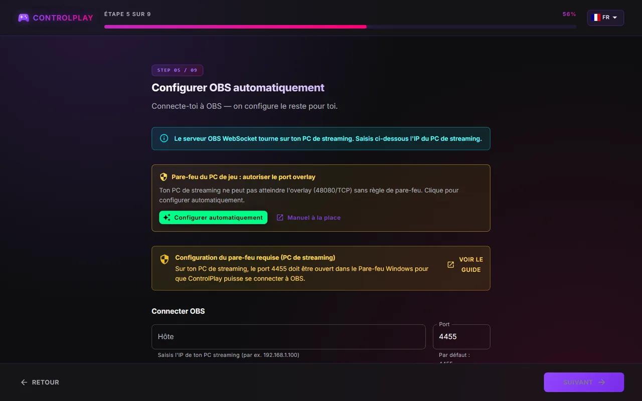 Configurer OBS automatiquement pour deux PC avec la carte Pare-feu du PC de jeu : autoriser le port overlay et l'avis Configuration du pare-feu requise (PC de streaming)