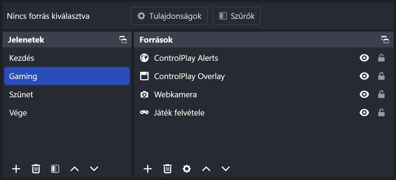 Az OBS Jelenetek és Források panelje: a Gaming jelenetben fent a ControlPlay Alerts, alatta a ControlPlay Overlay, egy webkamera és a Játék felvétele