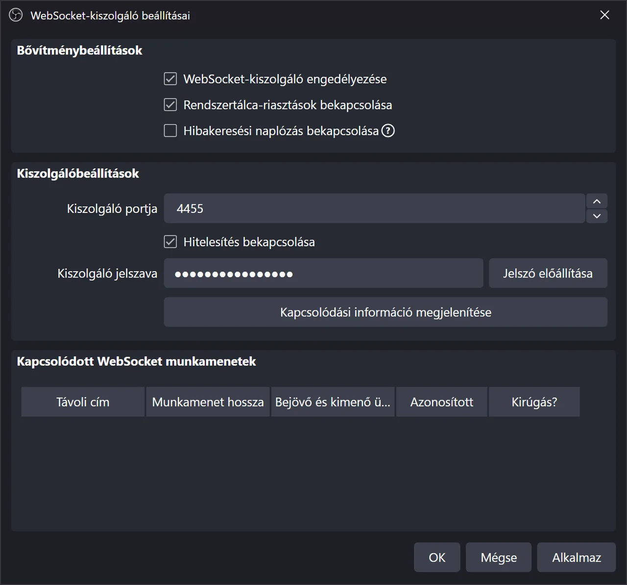 Az OBS WebSocket-kiszolgáló beállításai bepipált WebSocket-kiszolgáló engedélyezése opcióval és bekapcsolt hitelesítéssel