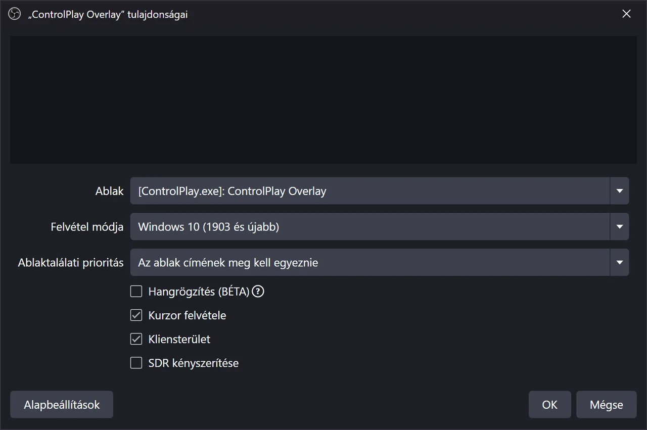 Az OBS Ablak felvétele tulajdonságai a ControlPlay Overlay ablakkal, a Windows 10 (1903 és újabb) felvételi móddal és Az ablak címének meg kell egyeznie beállítással