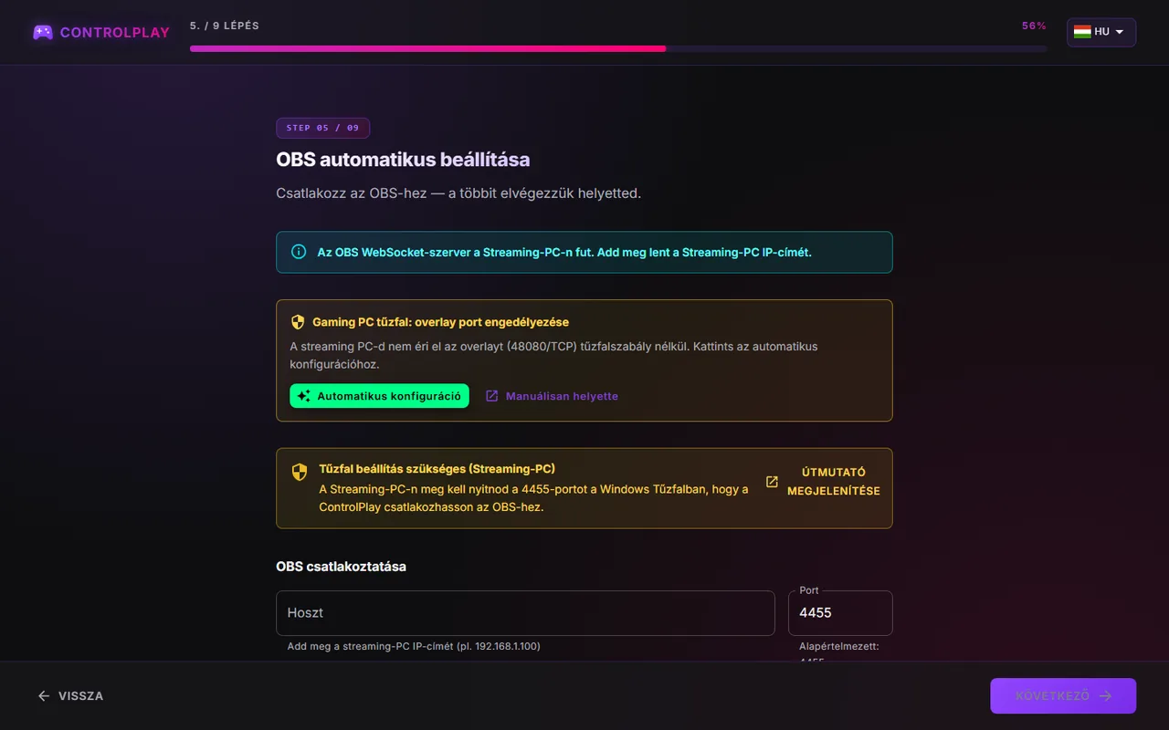 OBS automatikus beállítása két PC-hez a Gaming PC tűzfal: overlay port engedélyezése kártyával és a Tűzfal beállítás szükséges (Streaming-PC) üzenettel