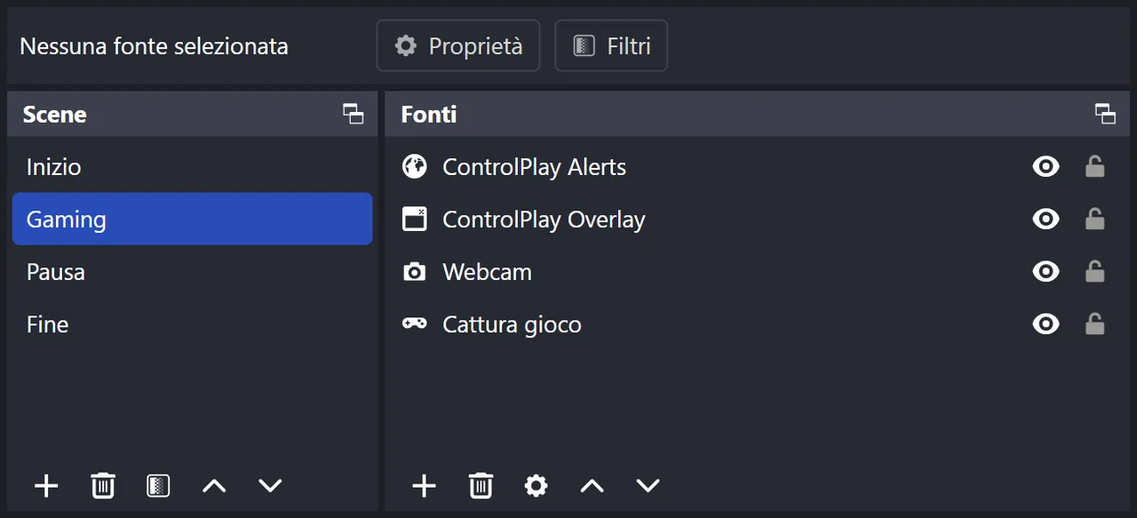 Scene e Fonti di OBS: nella scena Gaming, ControlPlay Alerts è in cima, seguita da ControlPlay Overlay, una webcam e Cattura gioco