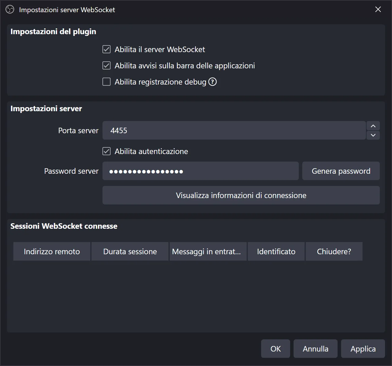 Impostazioni server WebSocket di OBS con Abilita il server WebSocket spuntato e autenticazione attiva