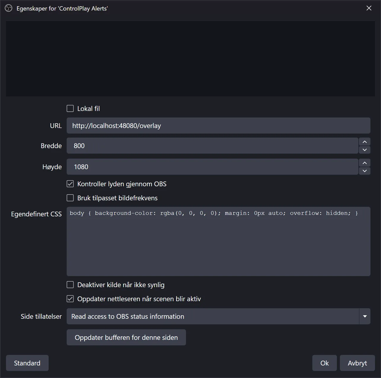 Egenskaper for nettleserkilden i OBS med ControlPlay-URL, bredde 800, høyde 1080 og begge alternativene avhuket
