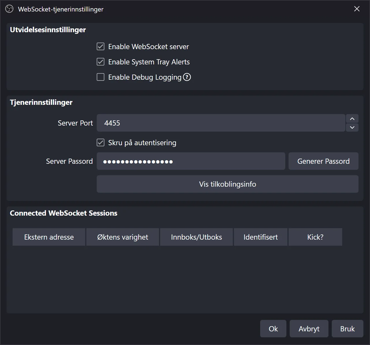 WebSocket-tjenerinnstillinger i OBS med Enable WebSocket server avhuket og autentisering på