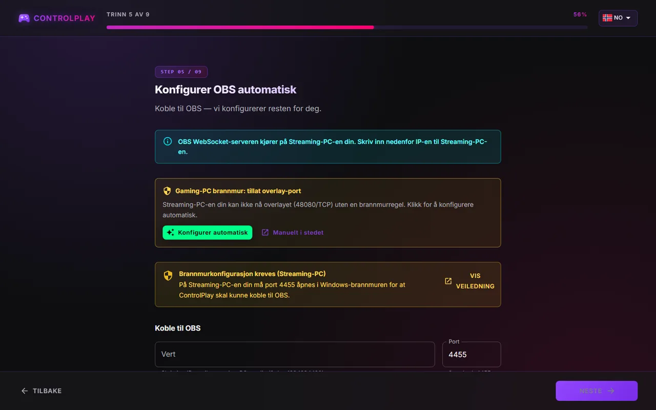 Konfigurer OBS automatisk for to PC-er med kortet Gaming-PC brannmur: tillat overlay-port og meldingen Brannmurkonfigurasjon kreves (Streaming-PC)