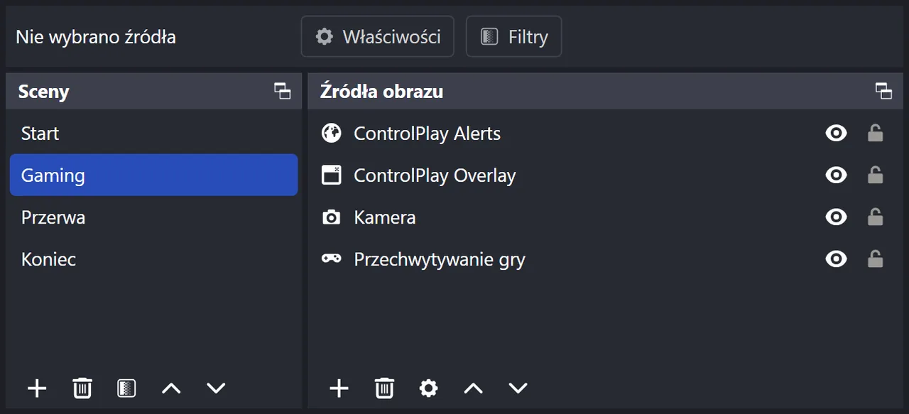 Sceny i Źródła obrazu w OBS: w scenie Gaming na górze ControlPlay Alerts, niżej ControlPlay Overlay, kamerka i Przechwytywanie gry