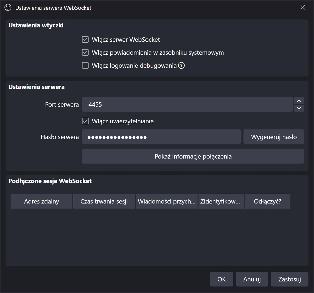 Ustawienia serwera WebSocket w OBS z włączonym serwerem WebSocket i uwierzytelnianiem