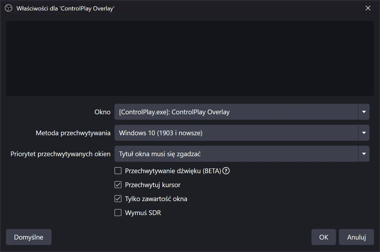 Właściwości Przechwytywania okna w OBS z oknem ControlPlay Overlay, metodą Windows 10 (1903 i nowsze) i priorytetem Tytuł okna musi się zgadzać