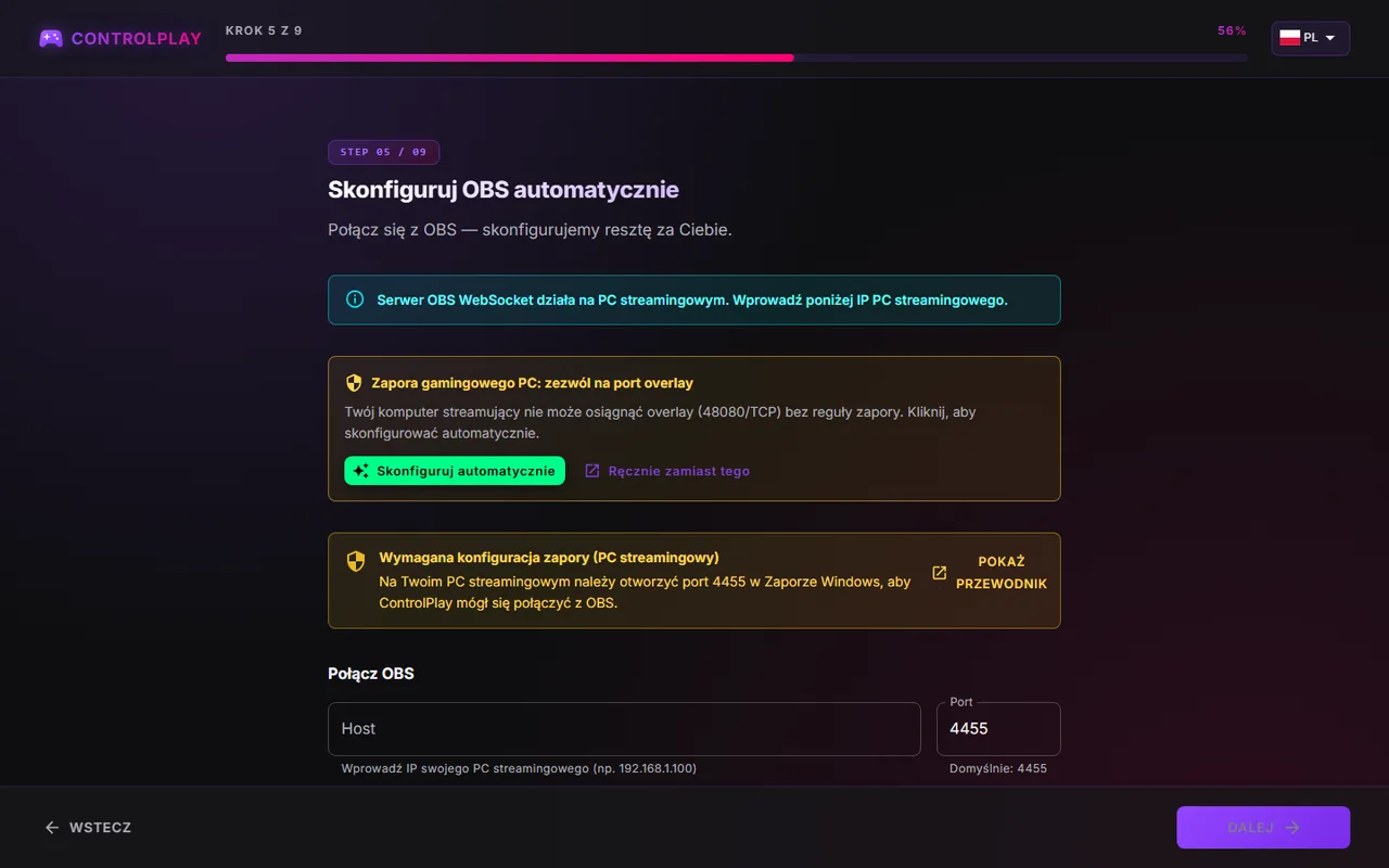Skonfiguruj OBS automatycznie dla dwóch PC z kartą Zapora gamingowego PC: zezwól na port overlay i komunikatem Wymagana konfiguracja zapory (PC streamingowy)