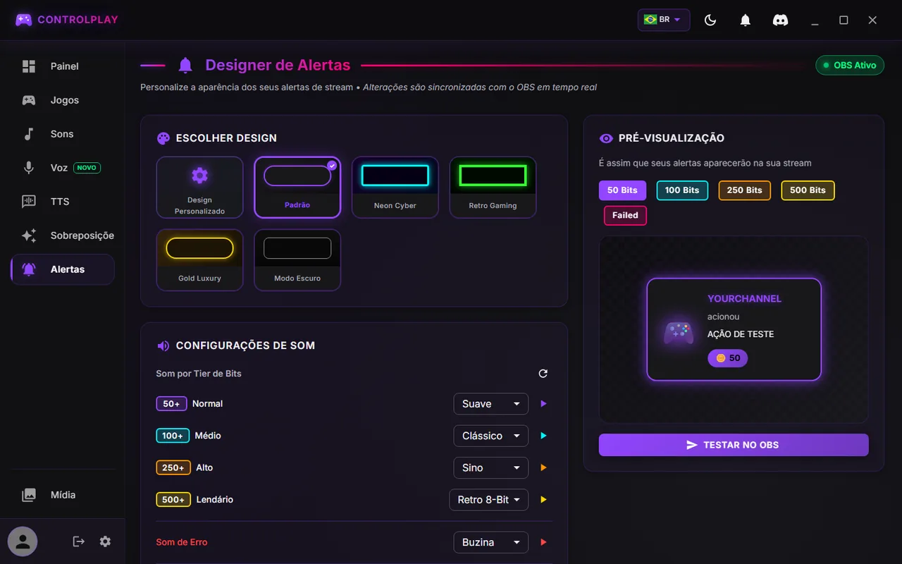 Página Alertas do ControlPlay com OBS Ativo no canto superior direito e o botão Testar no OBS no painel de pré-visualização
