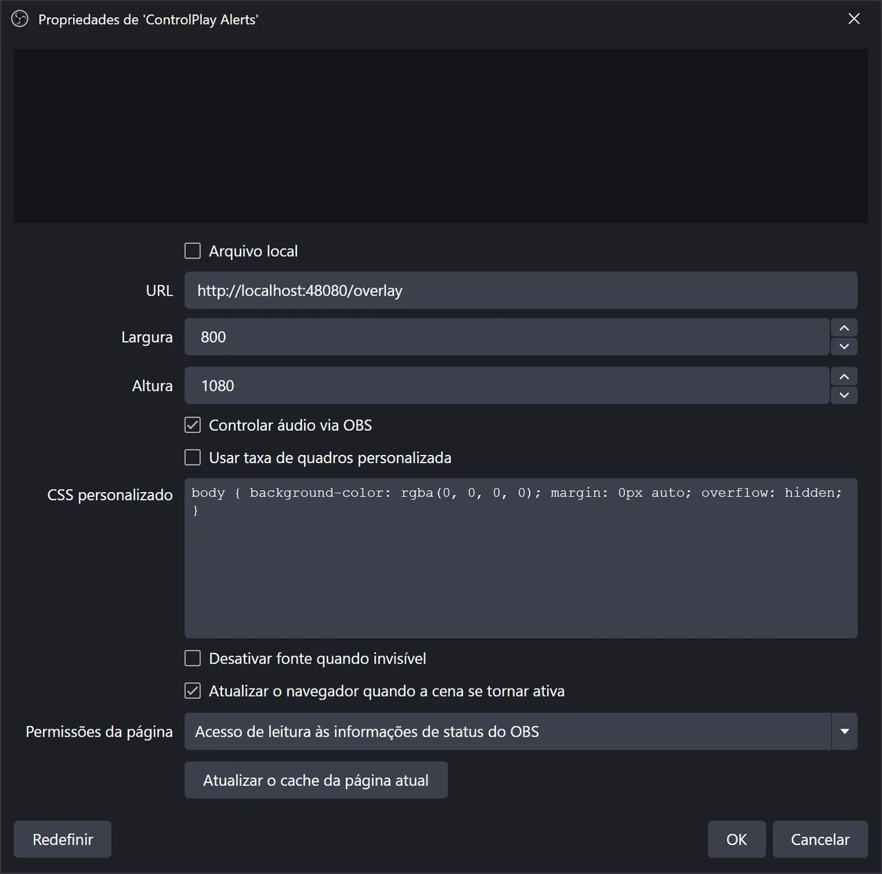 Propriedades da Browser Source do OBS com a URL do ControlPlay, largura 800, altura 1080 e as duas opções marcadas