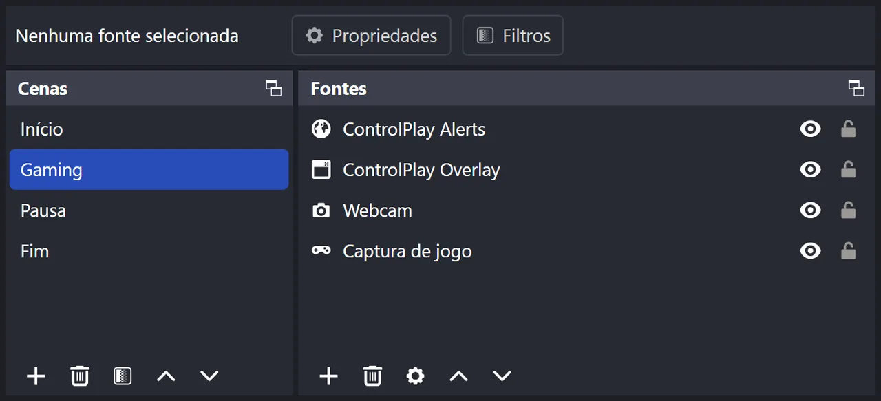 Cenas e Fontes do OBS: na cena Gaming, o ControlPlay Alerts fica no topo, seguido do ControlPlay Overlay, de uma webcam e da Captura de jogo