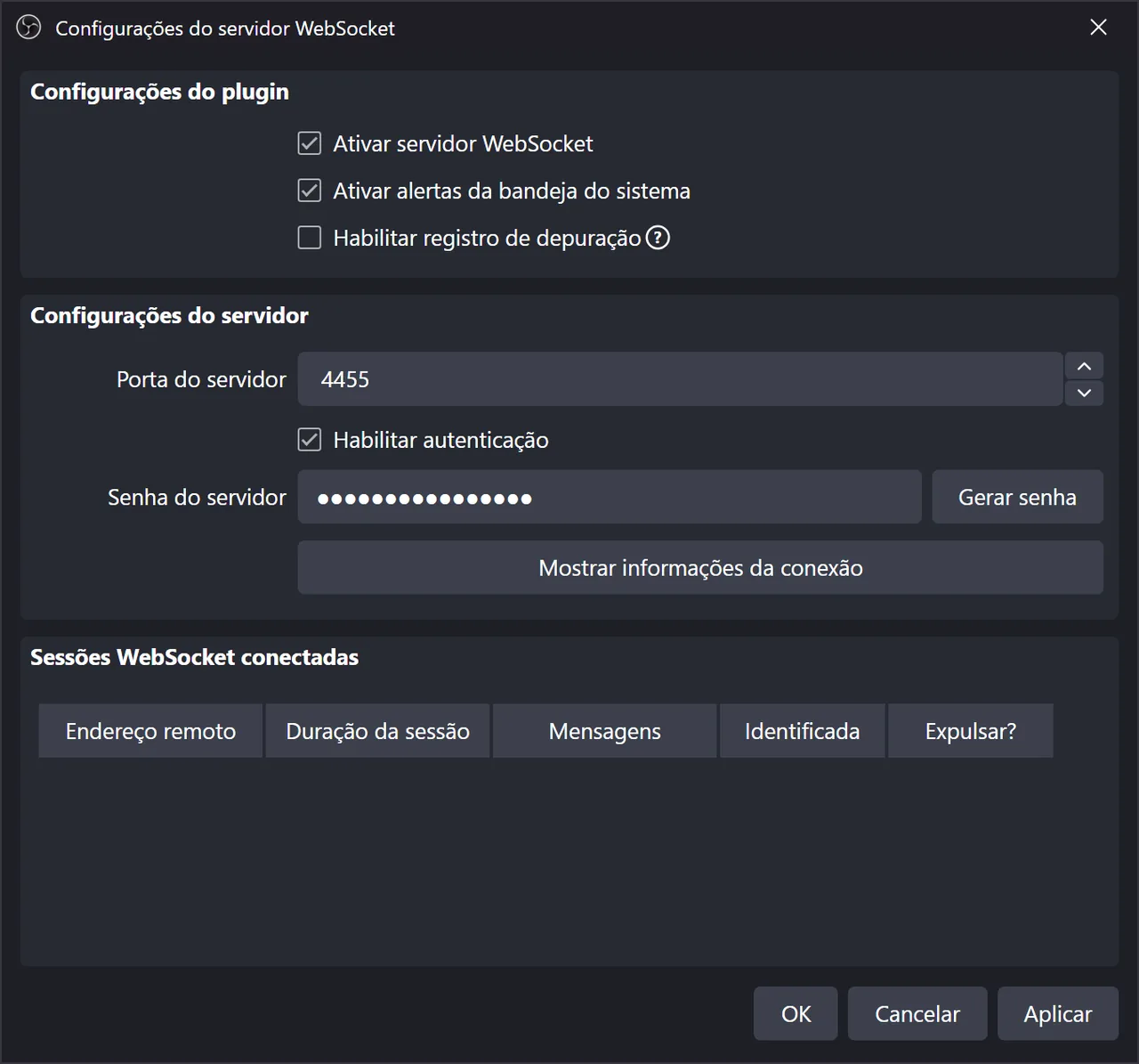 Configurações do servidor WebSocket do OBS com Ativar servidor WebSocket marcado e a autenticação ligada