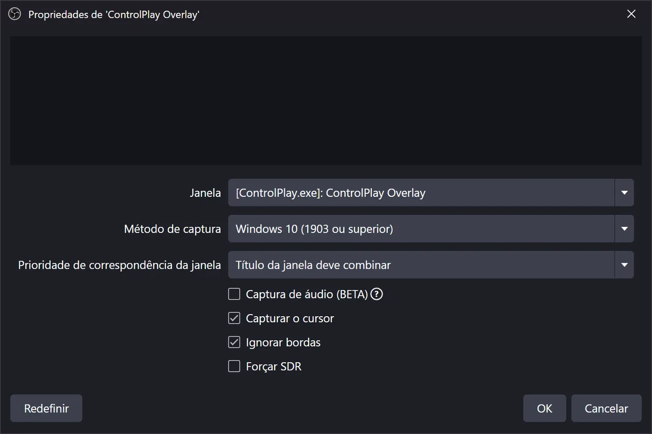 Propriedades da Captura de janela do OBS com a janela ControlPlay Overlay, o método de captura Windows 10 (1903 ou superior) e Título da janela deve combinar