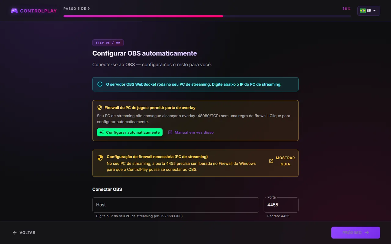 Configurar OBS automaticamente para dois PCs, com o card Firewall do PC de jogos: permitir porta de overlay e o aviso Configuração de firewall necessária (PC de streaming)