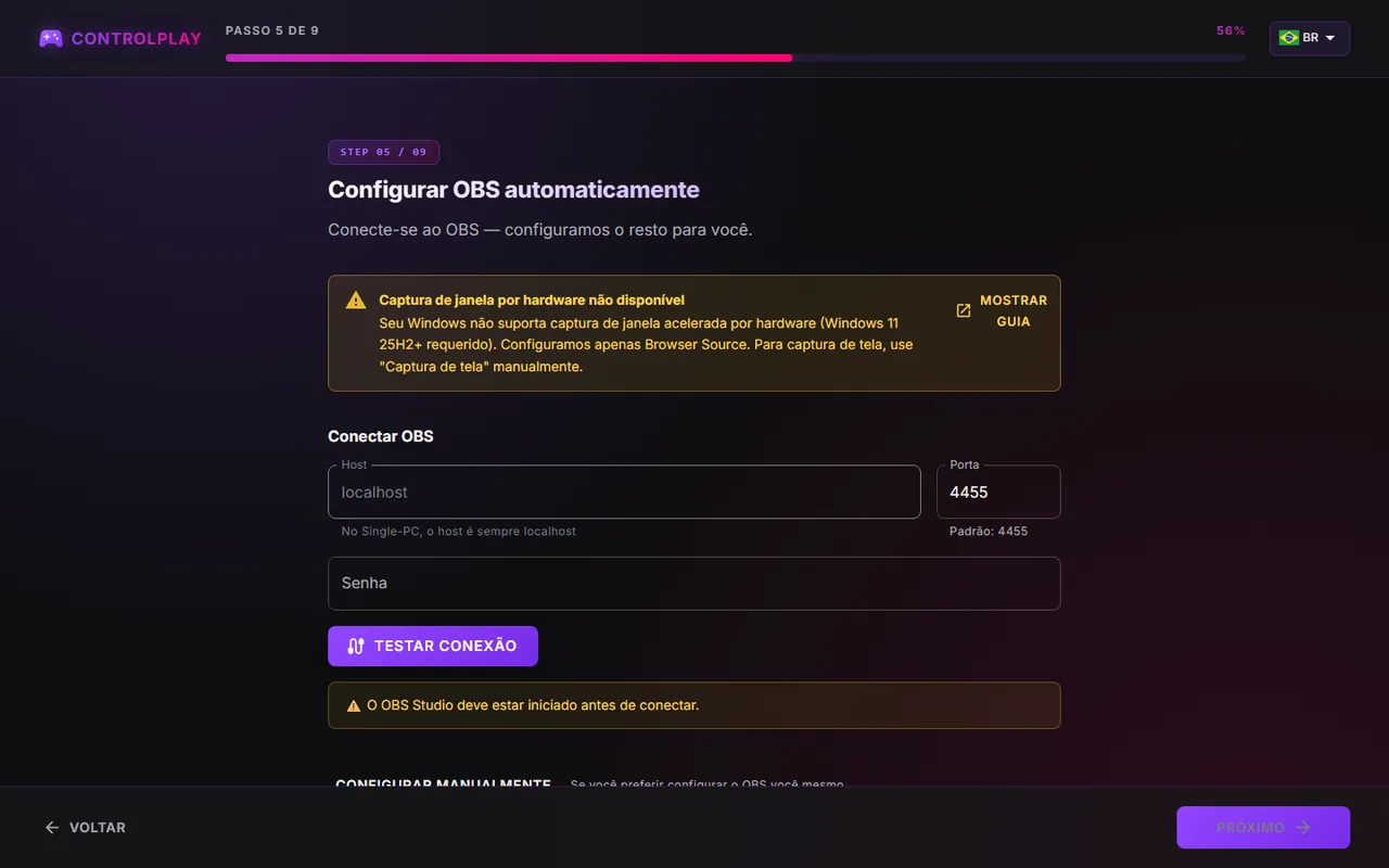 Aviso do assistente Captura de janela por hardware não disponível com o botão Mostrar guia