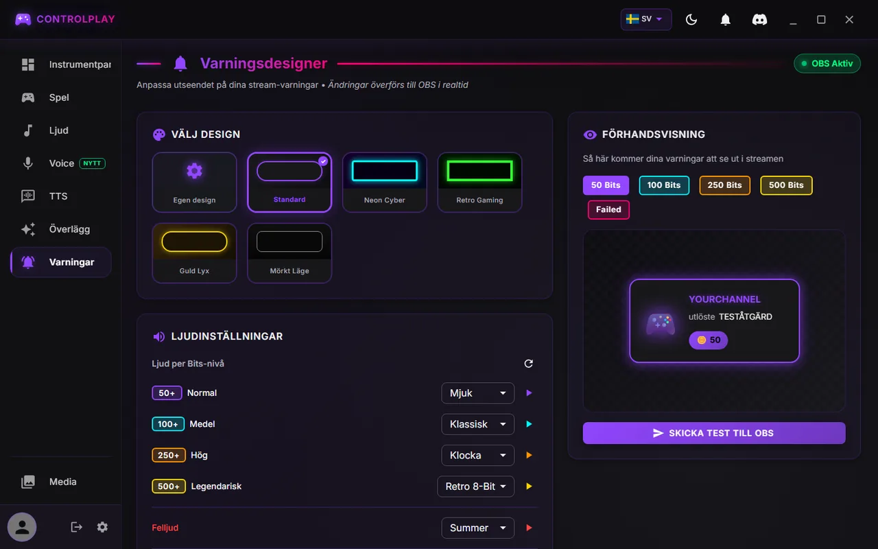 ControlPlays sida Varningar med OBS Aktiv uppe till höger och knappen Skicka test till OBS i panelen Förhandsvisning
