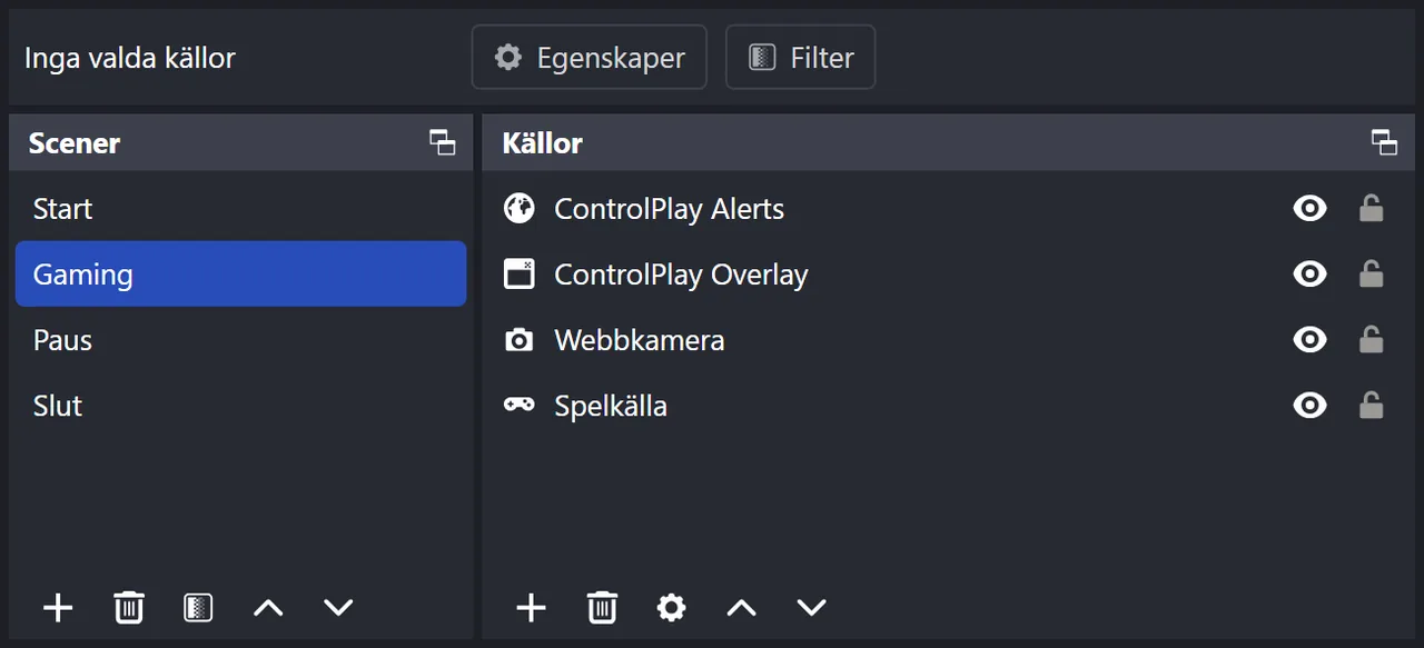 Scener och Källor i OBS: i scenen Gaming ligger ControlPlay Alerts överst, följd av ControlPlay Overlay, en webbkamera och Spelkälla