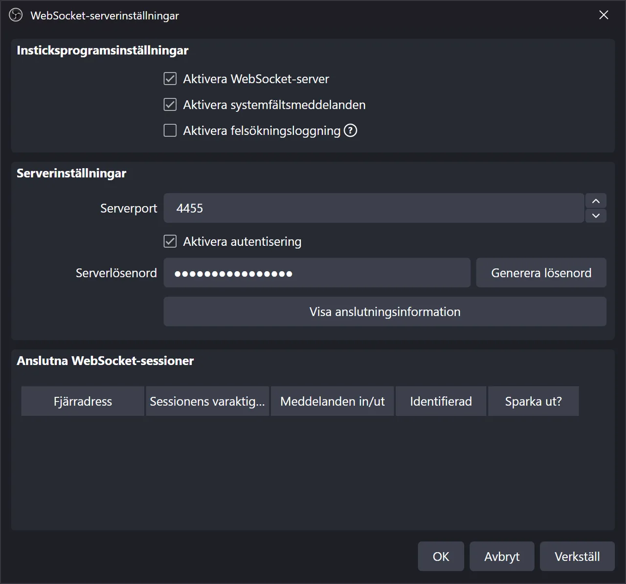 OBS WebSocket-serverinställningar med Aktivera WebSocket-server ikryssad och autentisering på