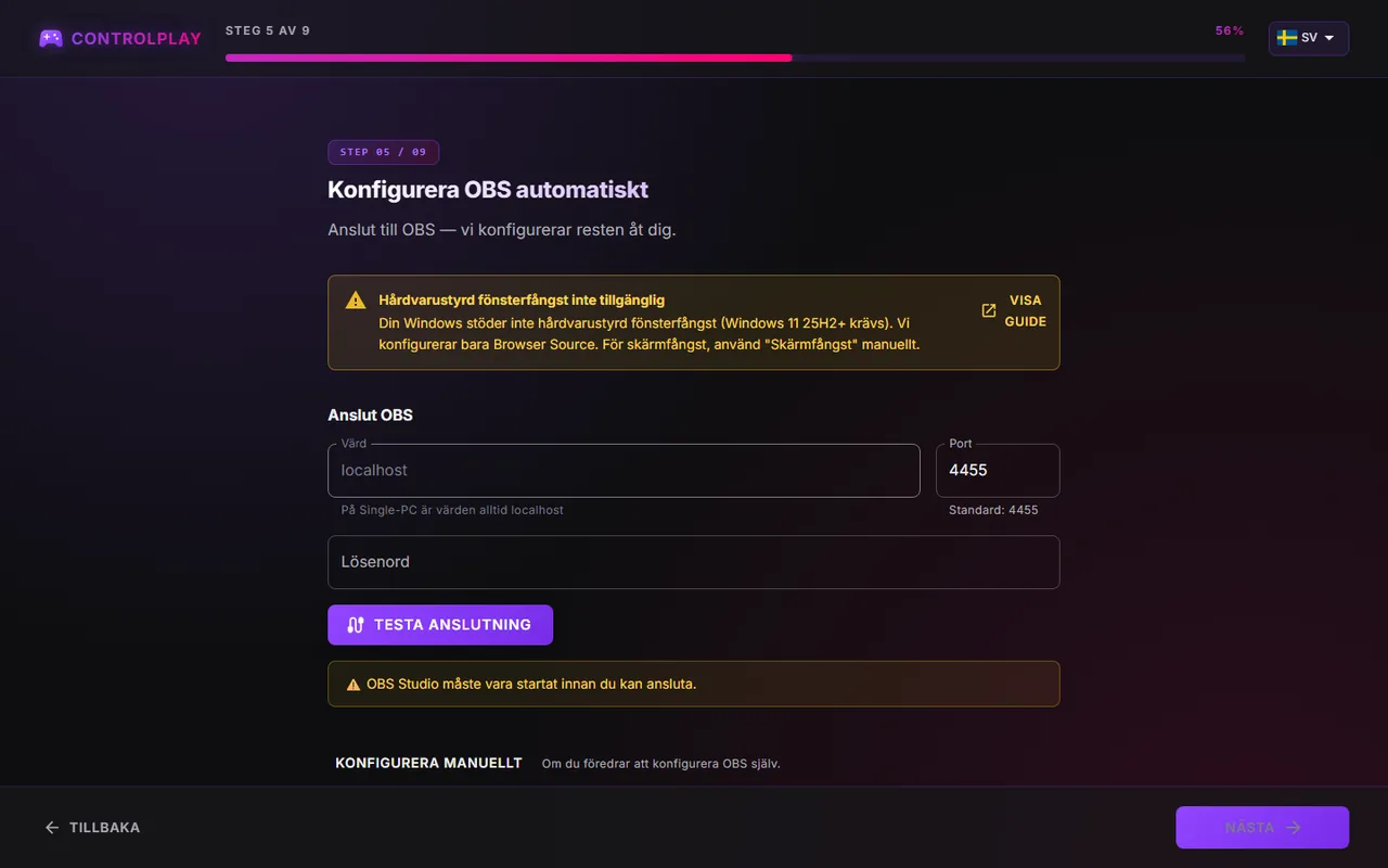 Installationsguidens banner Hårdvarustyrd fönsterfångst inte tillgänglig med knappen Visa guide